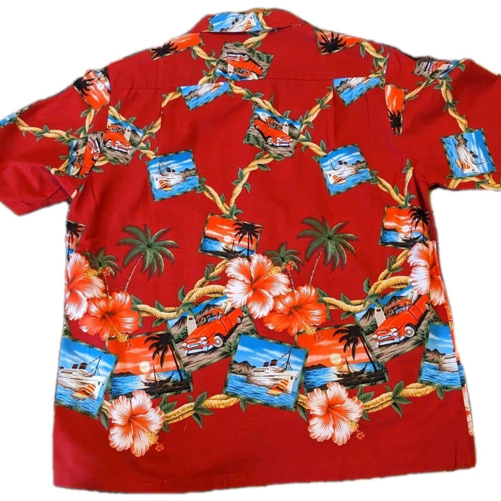 KoleKole Vintage Hawaiian Men's Shirt Vivid Red w/Ships and Pickup Trucks. Cool!